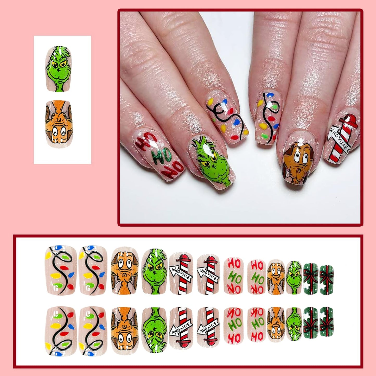 Christmas Fake Nails Short Square Petite Press on Nails Winter Xmas Acrylic Nails Full Cover False Nails with Green Monster Designs Cute Red Stick on Nails Gloss Artificial Nails for Women Manicure