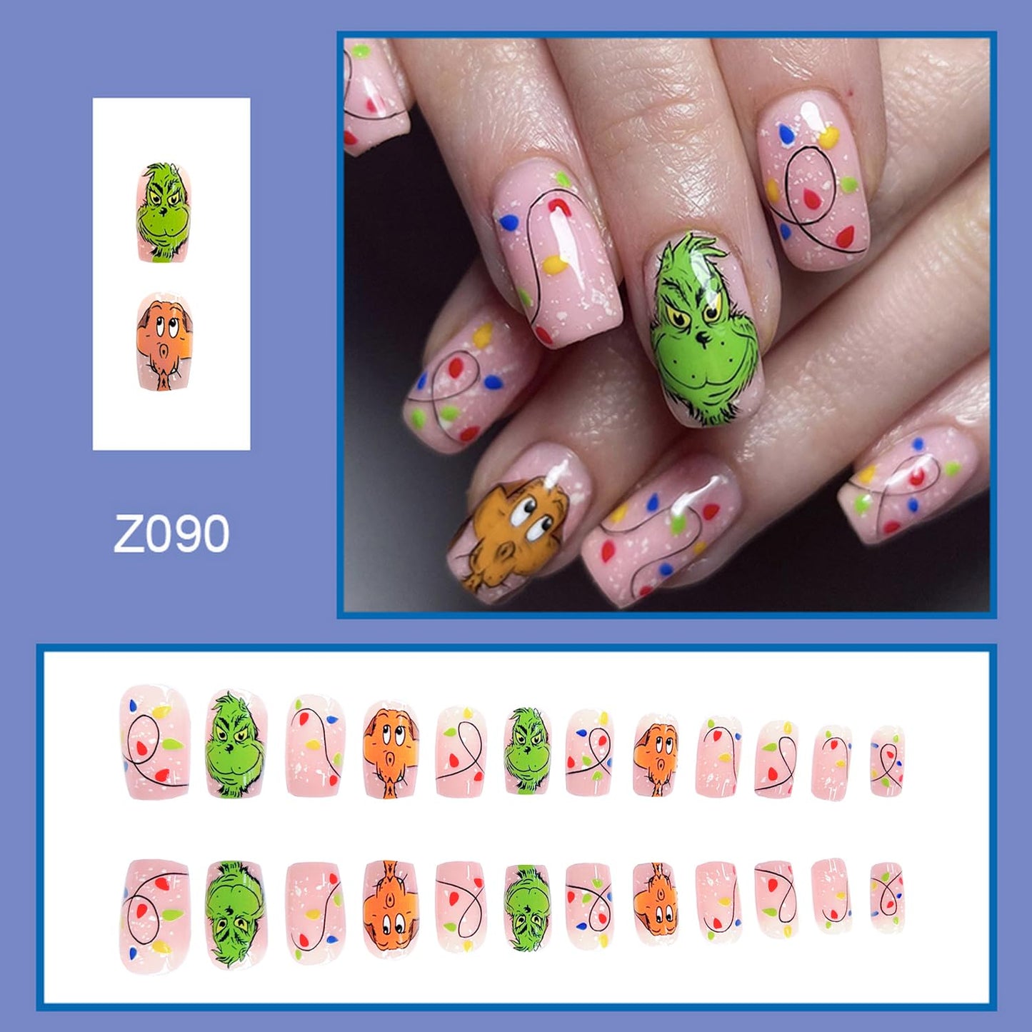 Christmas Fake Nails Short Square Petite Press on Nails Winter Xmas Acrylic Nails Full Cover False Nails with Green Monster Designs Cute Red Stick on Nails Gloss Artificial Nails for Women Manicure