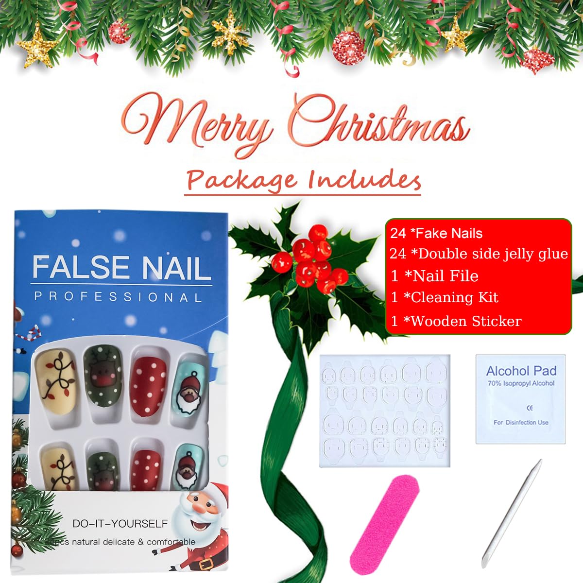 TULOBI Christmas Press on Nails Medium Coffin Fake Nails with Christmas Tree Designs Glitter Glue on Nails Xmas Design Green and Red Stripes Full Cover False Nails Artificial Acrylic Nails 24pcs