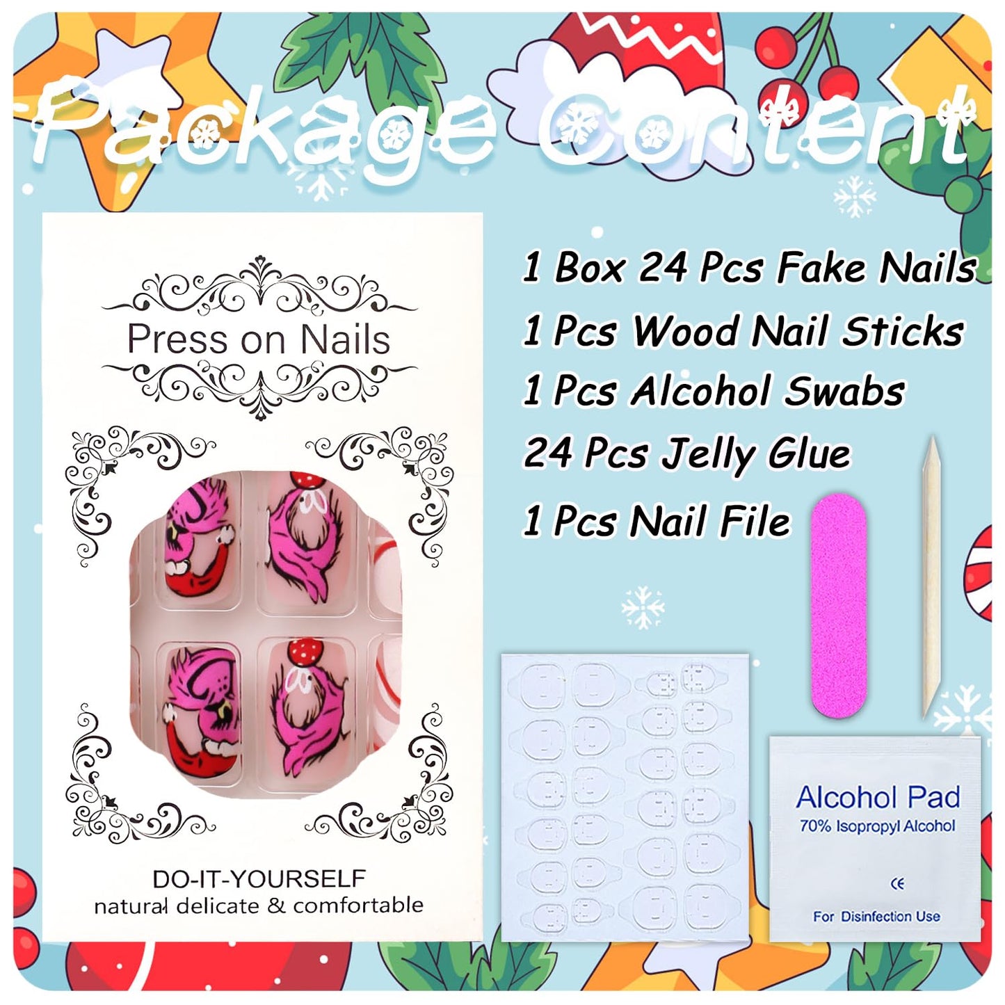 Christmas Fake Nails Short Square Petite Press on Nails Winter Xmas Acrylic Nails Full Cover False Nails with Green Monster Designs Cute Red Stick on Nails Gloss Artificial Nails for Women Manicure