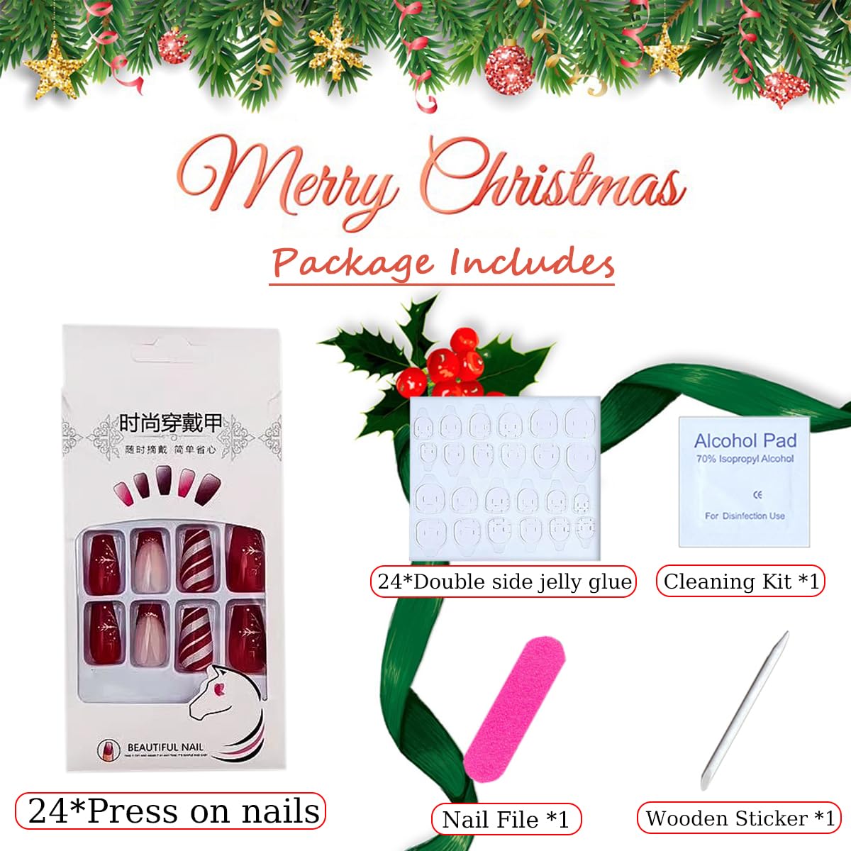 TULOBI Christmas Press on Nails Medium Coffin Fake Nails with Christmas Tree Designs Glitter Glue on Nails Xmas Design Green and Red Stripes Full Cover False Nails Artificial Acrylic Nails 24pcs