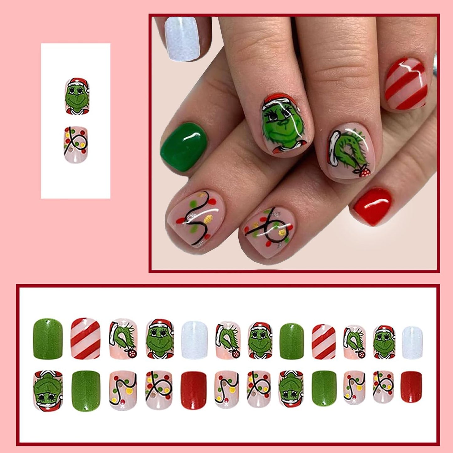 Christmas Fake Nails Short Square Petite Press on Nails Winter Xmas Acrylic Nails Full Cover False Nails with Green Monster Designs Cute Red Stick on Nails Gloss Artificial Nails for Women Manicure