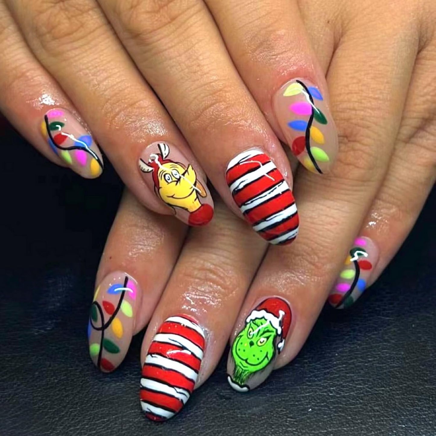 Christmas Fake Nails Short Square Petite Press on Nails Winter Xmas Acrylic Nails Full Cover False Nails with Green Monster Designs Cute Red Stick on Nails Gloss Artificial Nails for Women Manicure