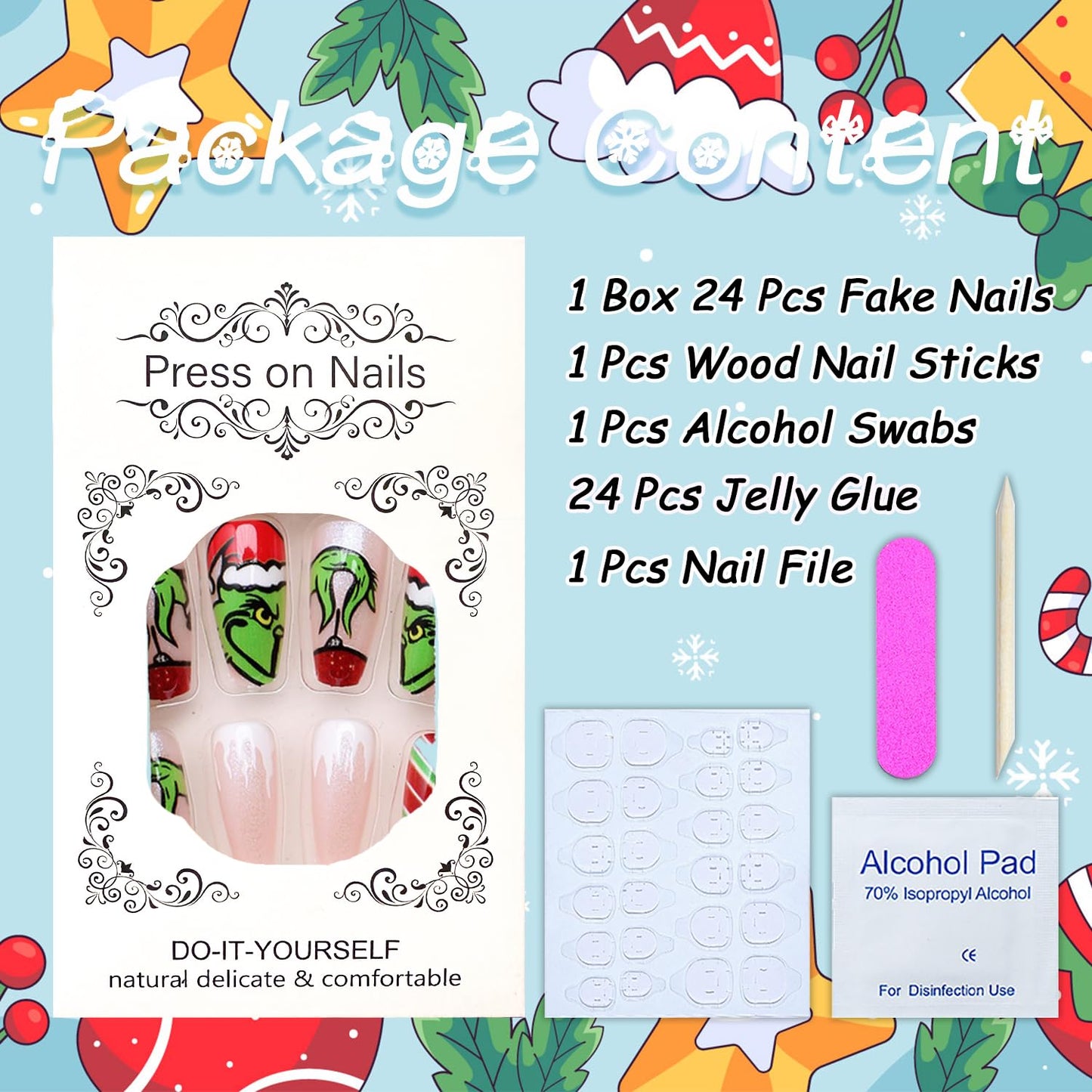 Christmas Fake Nails Short Square Petite Press on Nails Winter Xmas Acrylic Nails Full Cover False Nails with Green Monster Designs Cute Red Stick on Nails Gloss Artificial Nails for Women Manicure