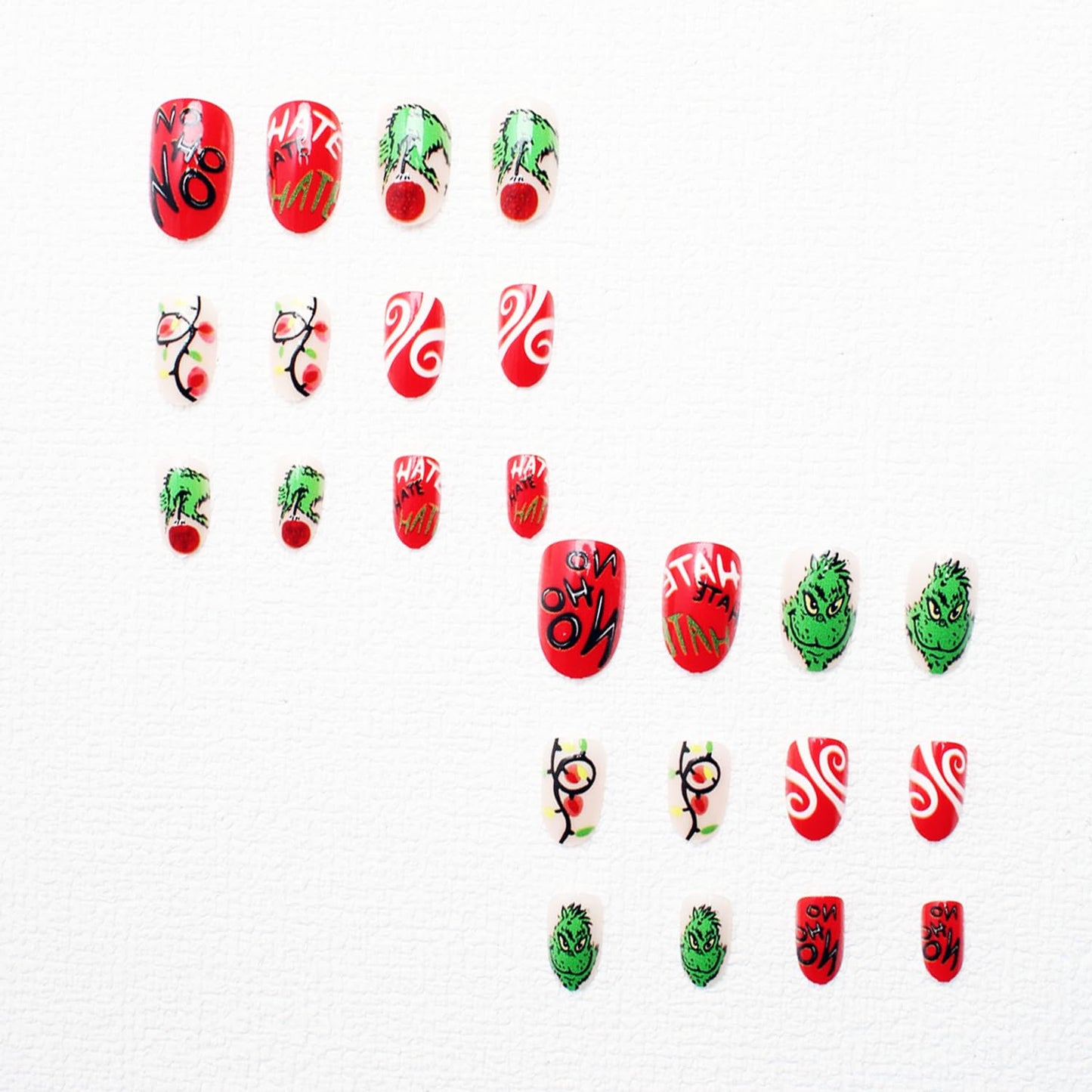 Christmas Fake Nails Short Square Petite Press on Nails Winter Xmas Acrylic Nails Full Cover False Nails with Green Monster Designs Cute Red Stick on Nails Gloss Artificial Nails for Women Manicure