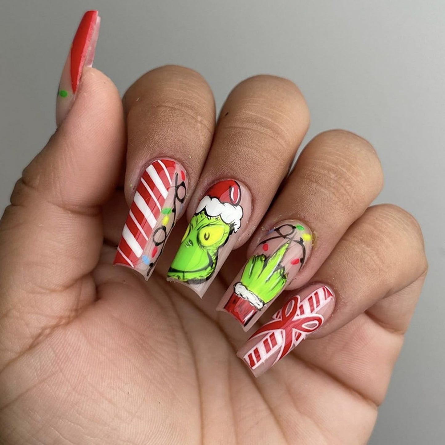 Christmas Fake Nails Short Square Petite Press on Nails Winter Xmas Acrylic Nails Full Cover False Nails with Green Monster Designs Cute Red Stick on Nails Gloss Artificial Nails for Women Manicure