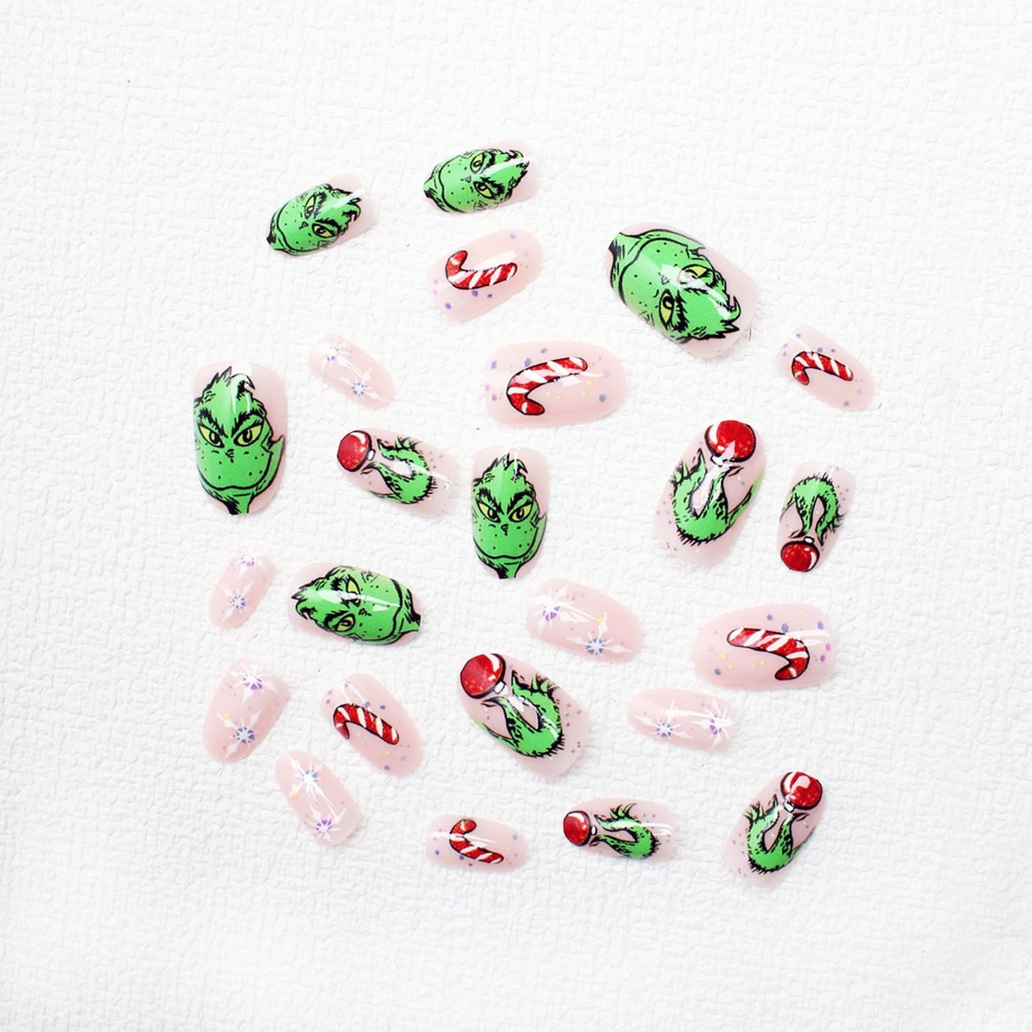 Christmas Fake Nails Short Square Petite Press on Nails Winter Xmas Acrylic Nails Full Cover False Nails with Green Monster Designs Cute Red Stick on Nails Gloss Artificial Nails for Women Manicure