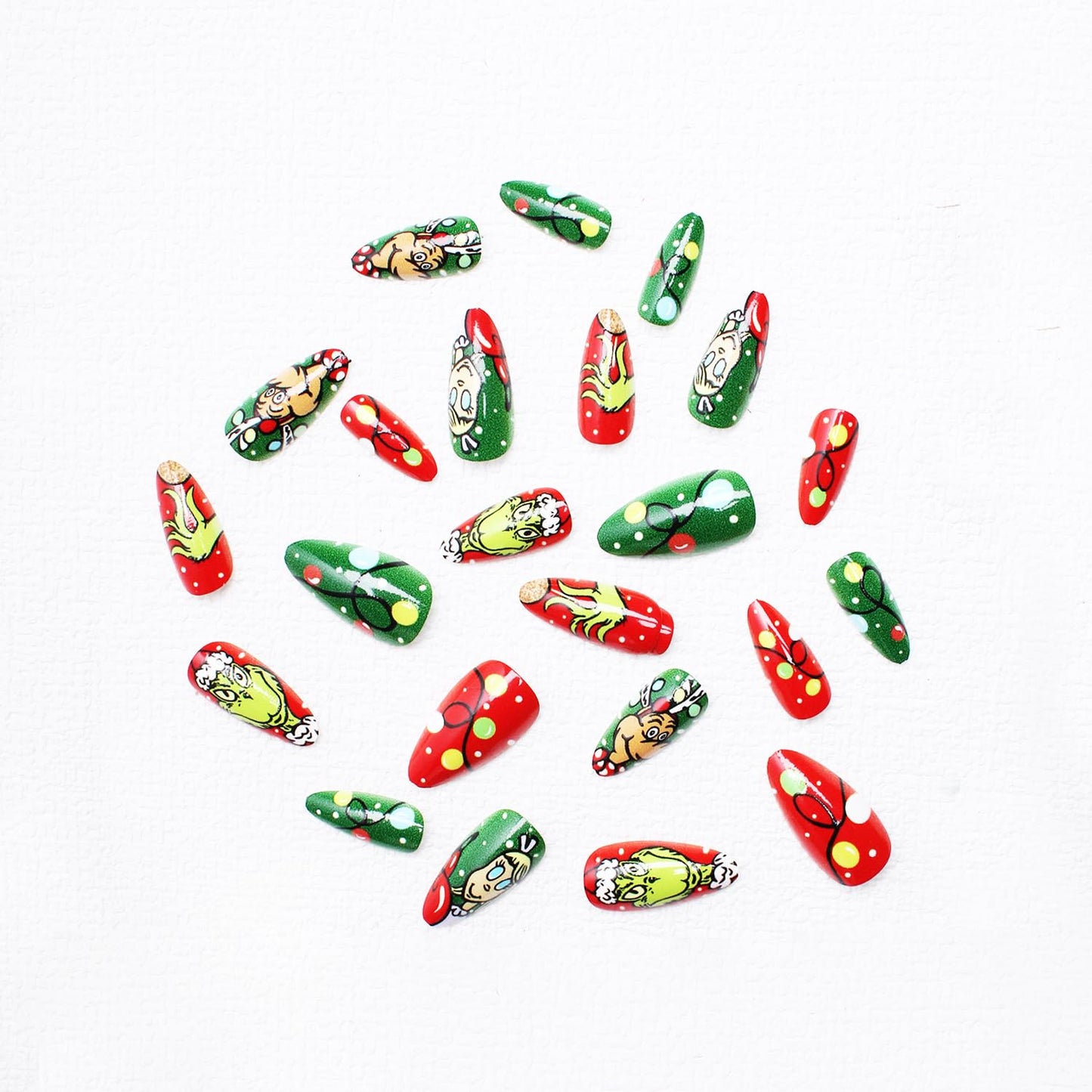 Christmas Fake Nails Short Square Petite Press on Nails Winter Xmas Acrylic Nails Full Cover False Nails with Green Monster Designs Cute Red Stick on Nails Gloss Artificial Nails for Women Manicure