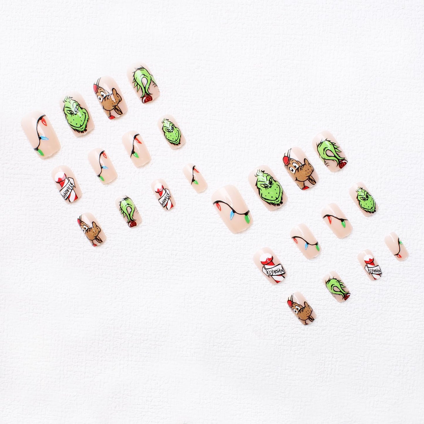 Christmas Fake Nails Short Square Petite Press on Nails Winter Xmas Acrylic Nails Full Cover False Nails with Green Monster Designs Cute Red Stick on Nails Gloss Artificial Nails for Women Manicure