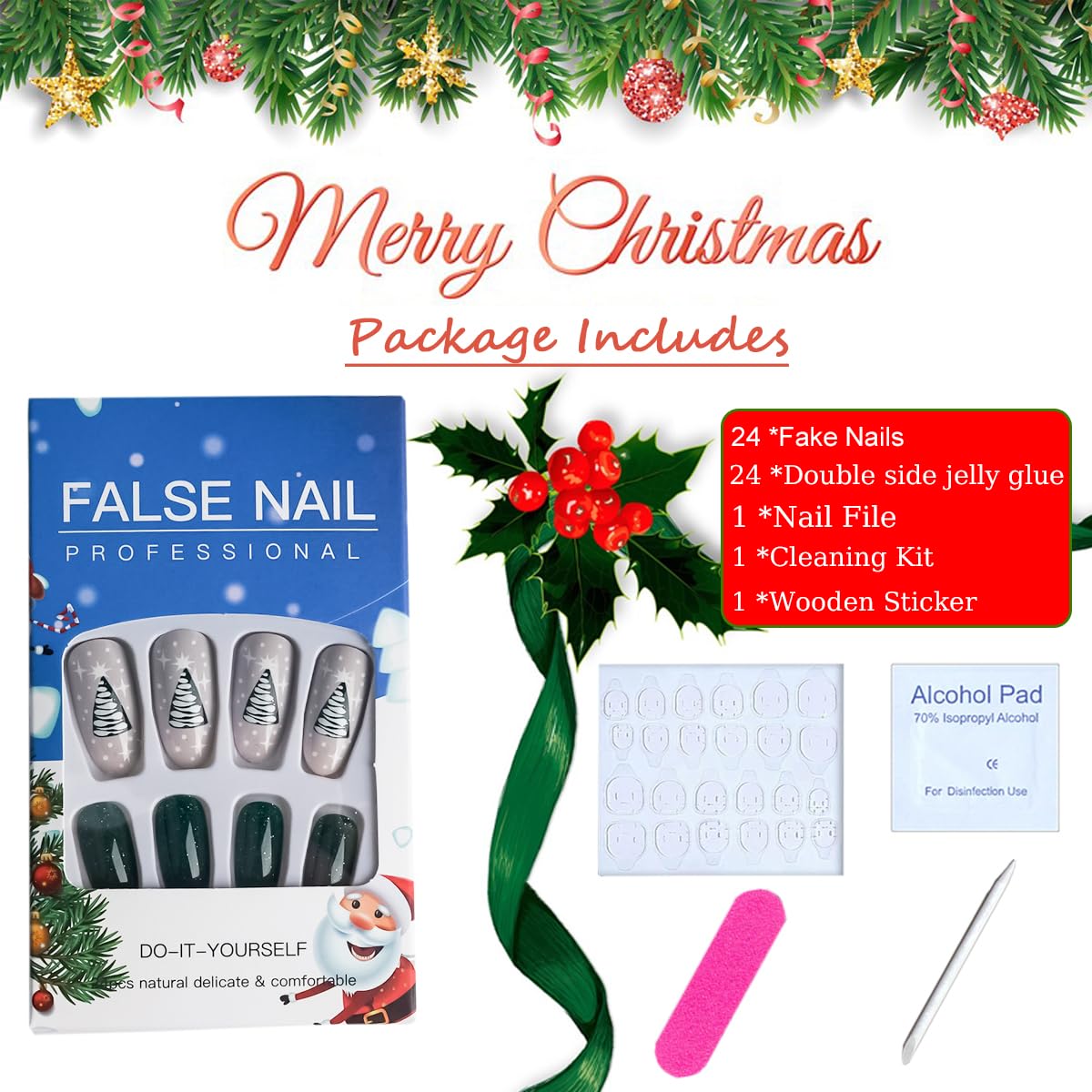 TULOBI Christmas Press on Nails Medium Coffin Fake Nails with Christmas Tree Designs Glitter Glue on Nails Xmas Design Green and Red Stripes Full Cover False Nails Artificial Acrylic Nails 24pcs