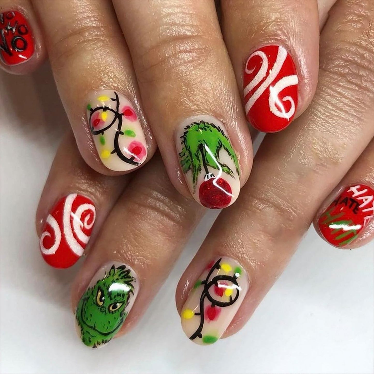 Christmas Fake Nails Short Square Petite Press on Nails Winter Xmas Acrylic Nails Full Cover False Nails with Green Monster Designs Cute Red Stick on Nails Gloss Artificial Nails for Women Manicure