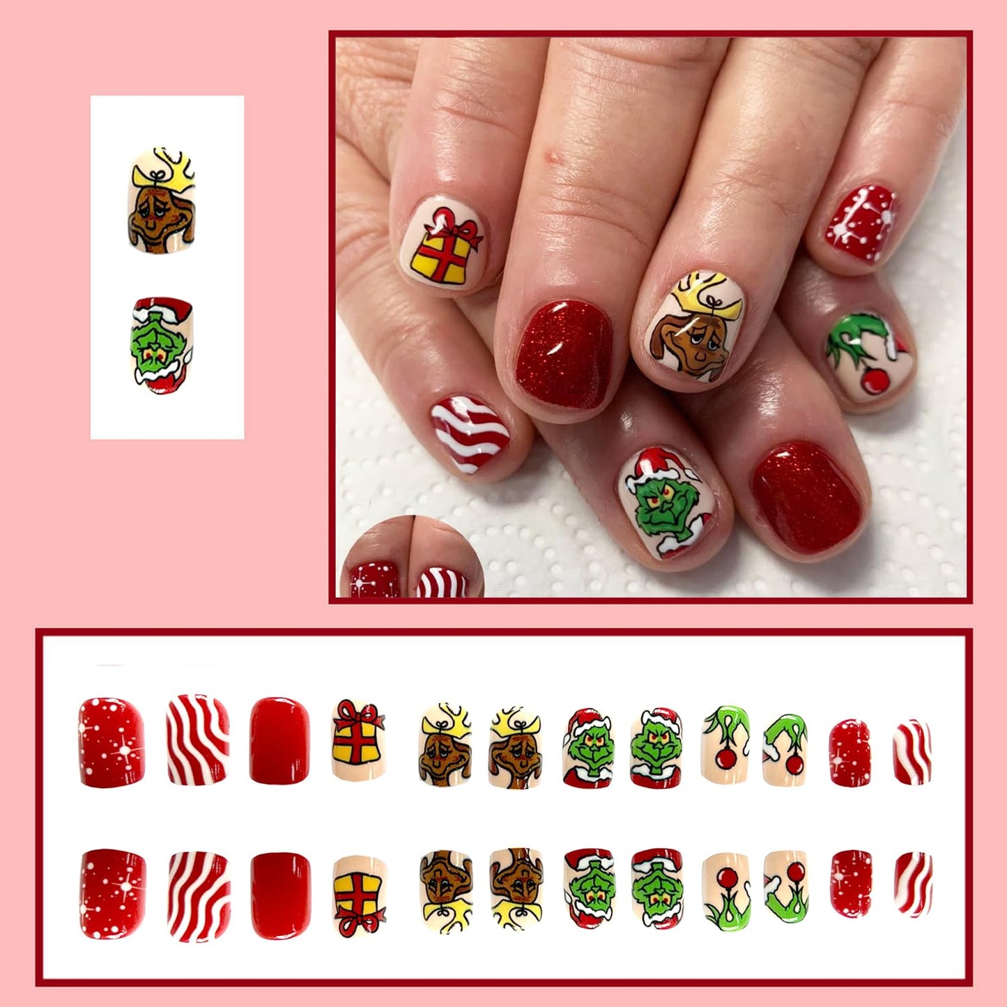 Christmas Fake Nails Short Square Petite Press on Nails Winter Xmas Acrylic Nails Full Cover False Nails with Green Monster Designs Cute Red Stick on Nails Gloss Artificial Nails for Women Manicure