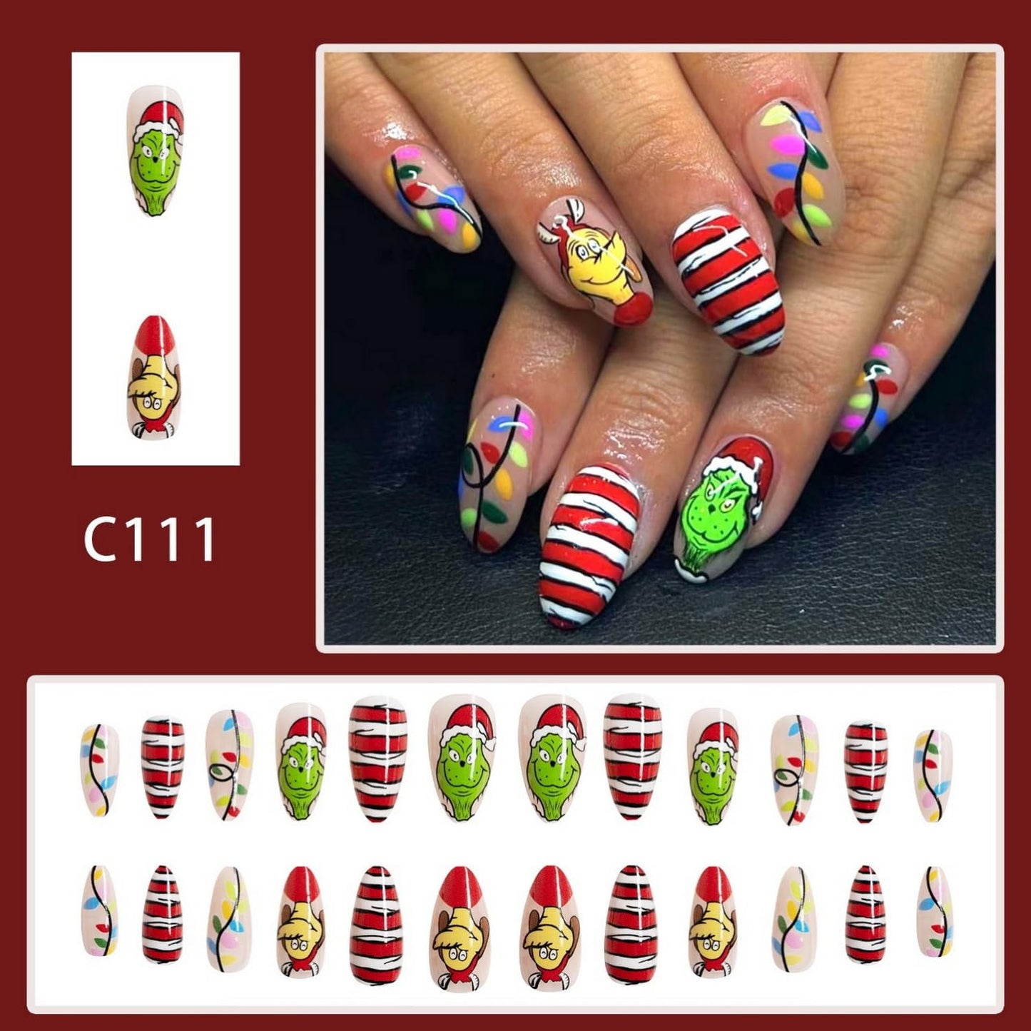 Christmas Fake Nails Short Square Petite Press on Nails Winter Xmas Acrylic Nails Full Cover False Nails with Green Monster Designs Cute Red Stick on Nails Gloss Artificial Nails for Women Manicure