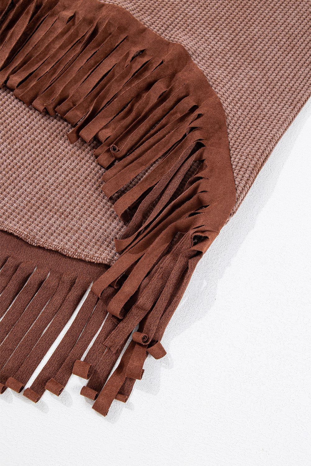 Coffee Waffle Patchwork Fringe Hem High Low Loose Top