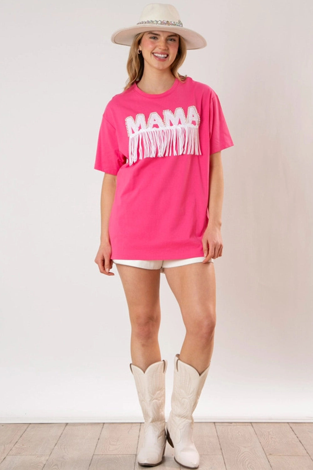 Bright Pink Fringe Trim Beaded MAMA Patch Oversized T Shirt