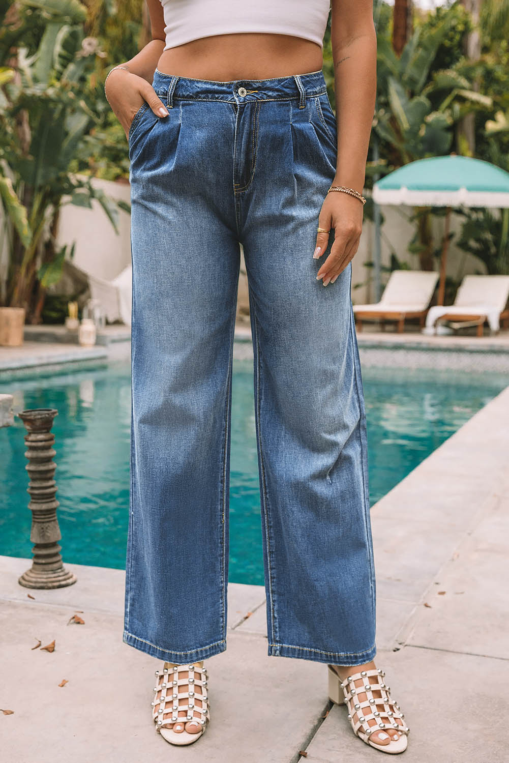 Dark Blue Slouchy Pocket Casual Wide Leg Jeans