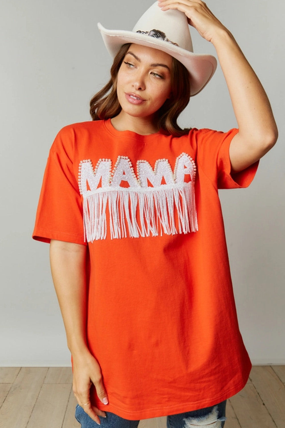 Bright Pink Fringe Trim Beaded MAMA Patch Oversized T Shirt