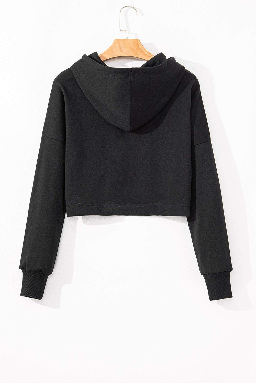 Black Drop Shoulder Drawstring Cropped Hoodie