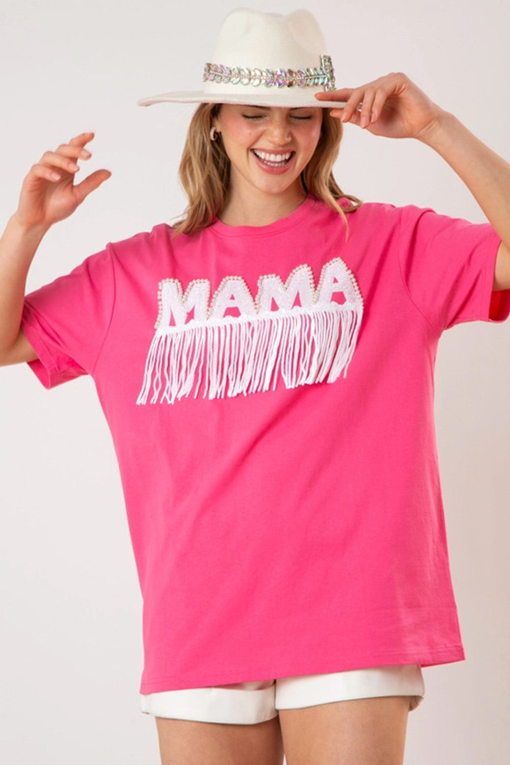 Bright Pink Fringe Trim Beaded MAMA Patch Oversized T Shirt