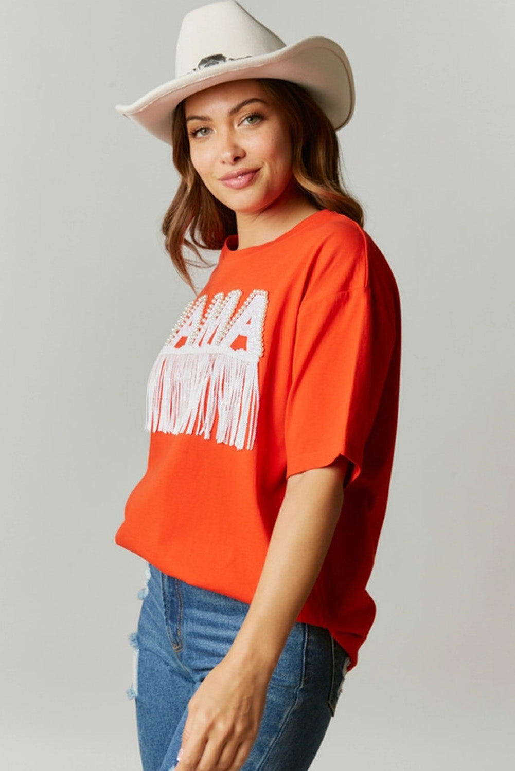 Bright Pink Fringe Trim Beaded MAMA Patch Oversized T Shirt