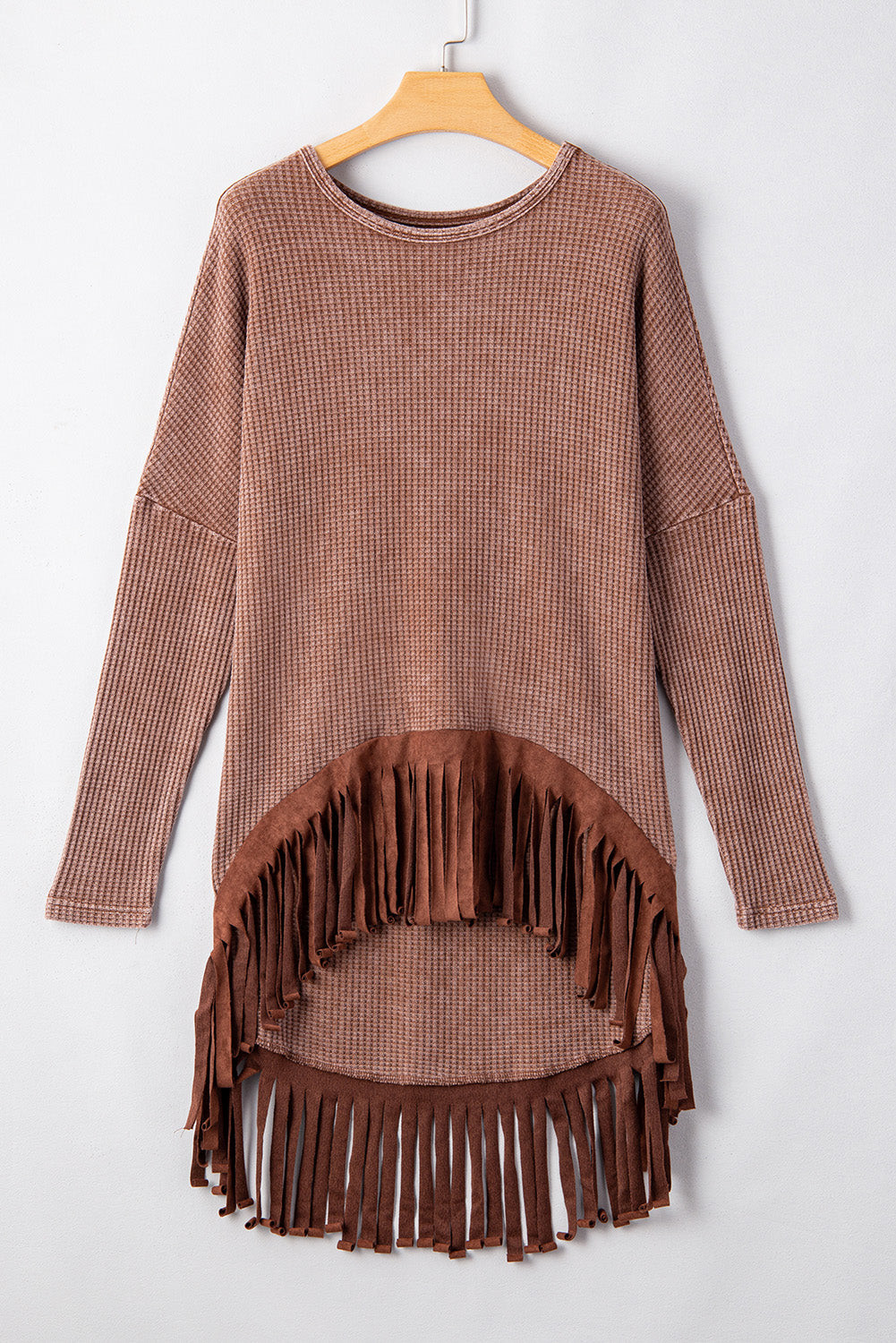 Coffee Waffle Patchwork Fringe Hem High Low Loose Top