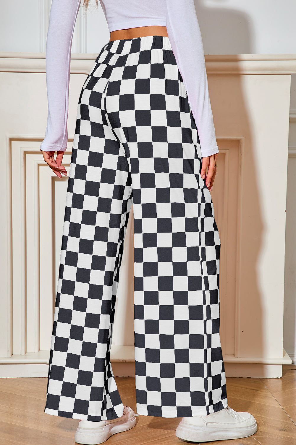 Bonbon Checkered Print High Waist Wide Leg Pants