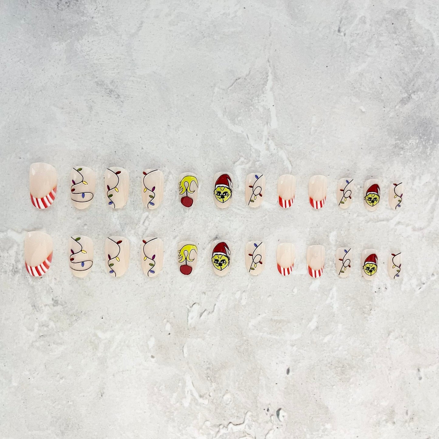 Christmas Fake Nails Short Square Petite Press on Nails Winter Xmas Acrylic Nails Full Cover False Nails with Green Monster Designs Cute Red Stick on Nails Gloss Artificial Nails for Women Manicure