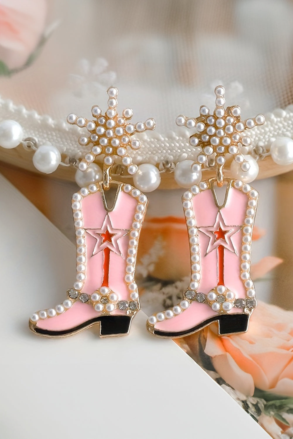 Strawberry Pink Pearl Decor Boots Shape Dangle Stud Earrings