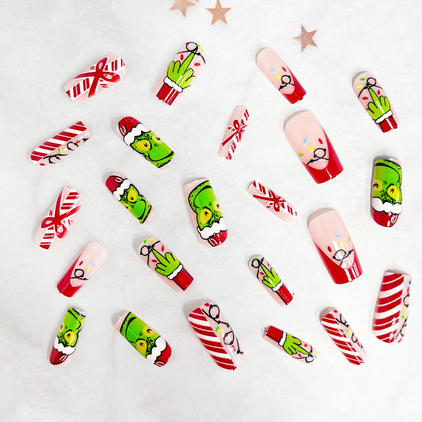 Christmas Fake Nails Short Square Petite Press on Nails Winter Xmas Acrylic Nails Full Cover False Nails with Green Monster Designs Cute Red Stick on Nails Gloss Artificial Nails for Women Manicure