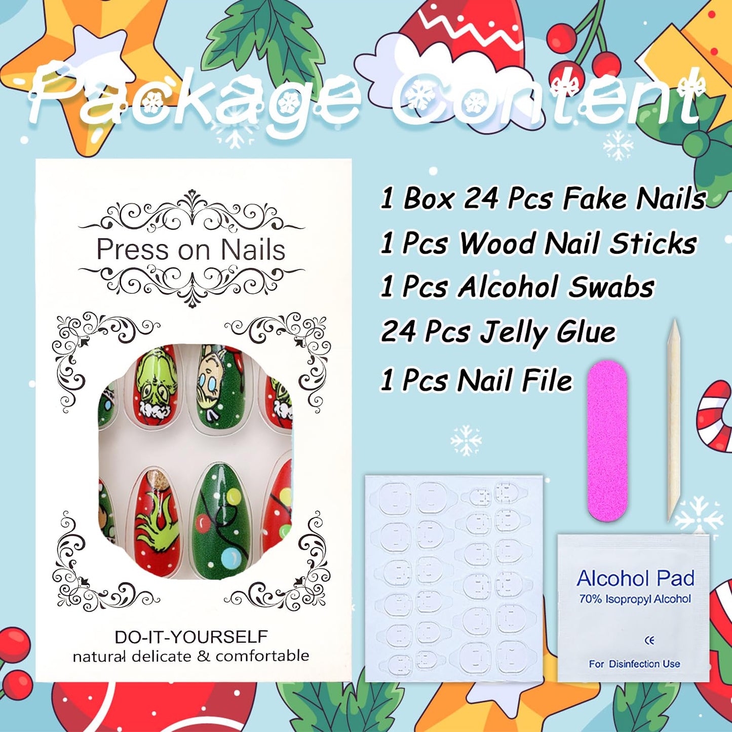 Christmas Fake Nails Short Square Petite Press on Nails Winter Xmas Acrylic Nails Full Cover False Nails with Green Monster Designs Cute Red Stick on Nails Gloss Artificial Nails for Women Manicure