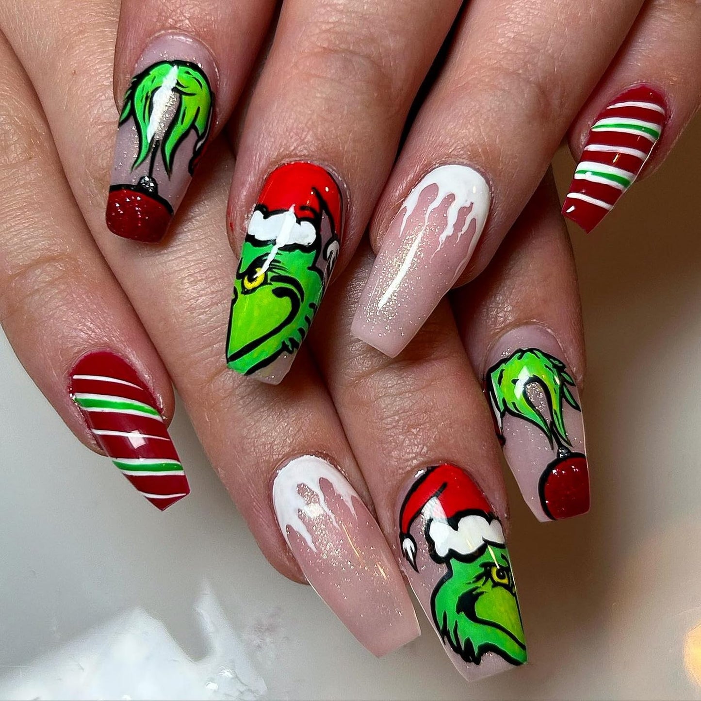 Christmas Fake Nails Short Square Petite Press on Nails Winter Xmas Acrylic Nails Full Cover False Nails with Green Monster Designs Cute Red Stick on Nails Gloss Artificial Nails for Women Manicure