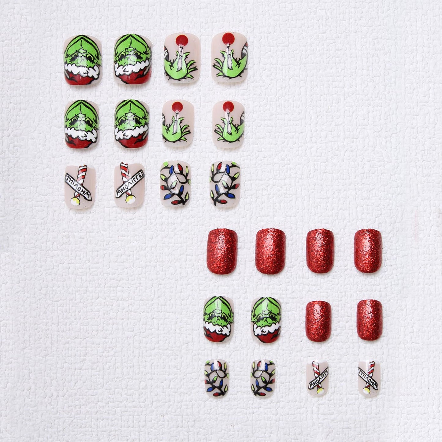 Christmas Fake Nails Short Square Petite Press on Nails Winter Xmas Acrylic Nails Full Cover False Nails with Green Monster Designs Cute Red Stick on Nails Gloss Artificial Nails for Women Manicure