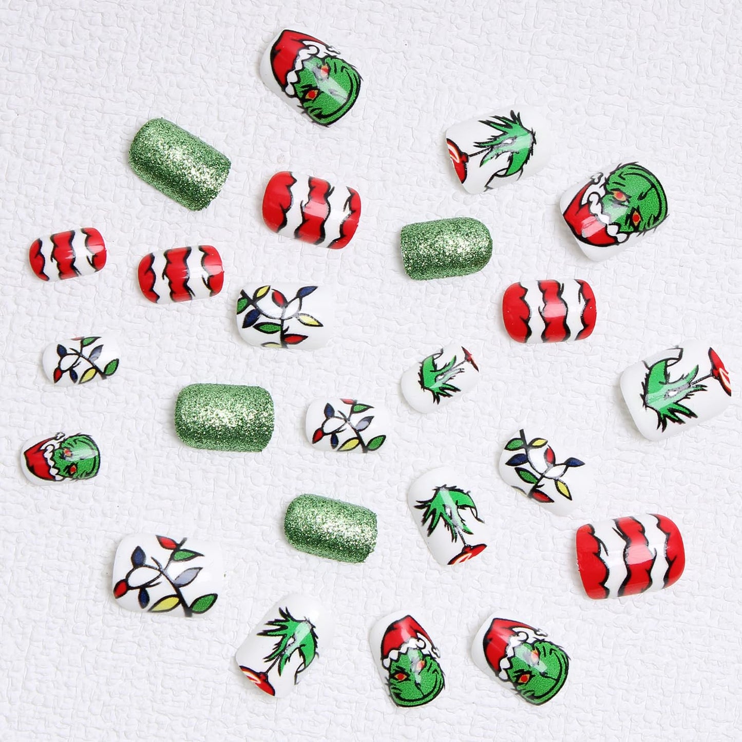 Christmas Fake Nails Short Square Petite Press on Nails Winter Xmas Acrylic Nails Full Cover False Nails with Green Monster Designs Cute Red Stick on Nails Gloss Artificial Nails for Women Manicure