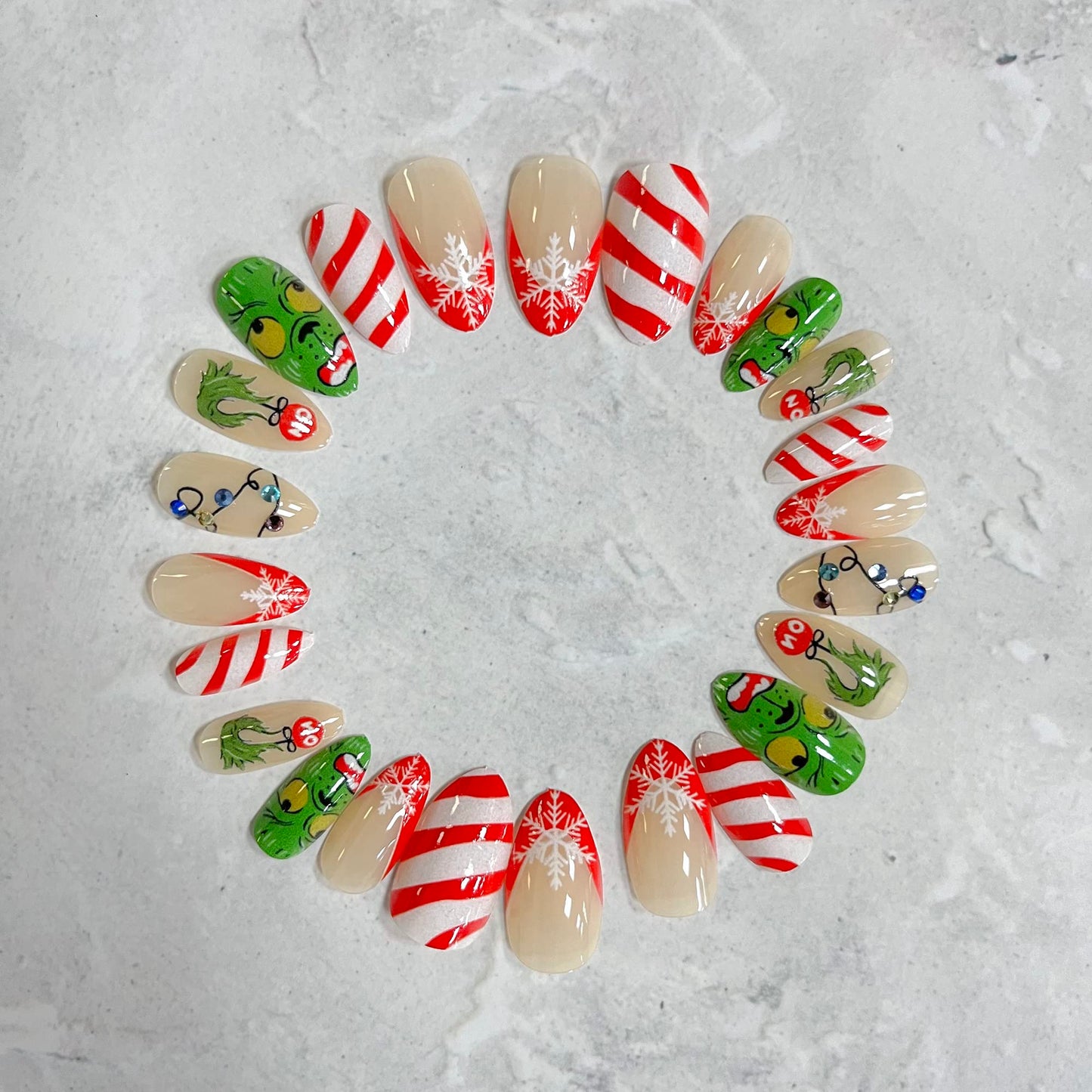 Christmas Fake Nails Short Square Petite Press on Nails Winter Xmas Acrylic Nails Full Cover False Nails with Green Monster Designs Cute Red Stick on Nails Gloss Artificial Nails for Women Manicure