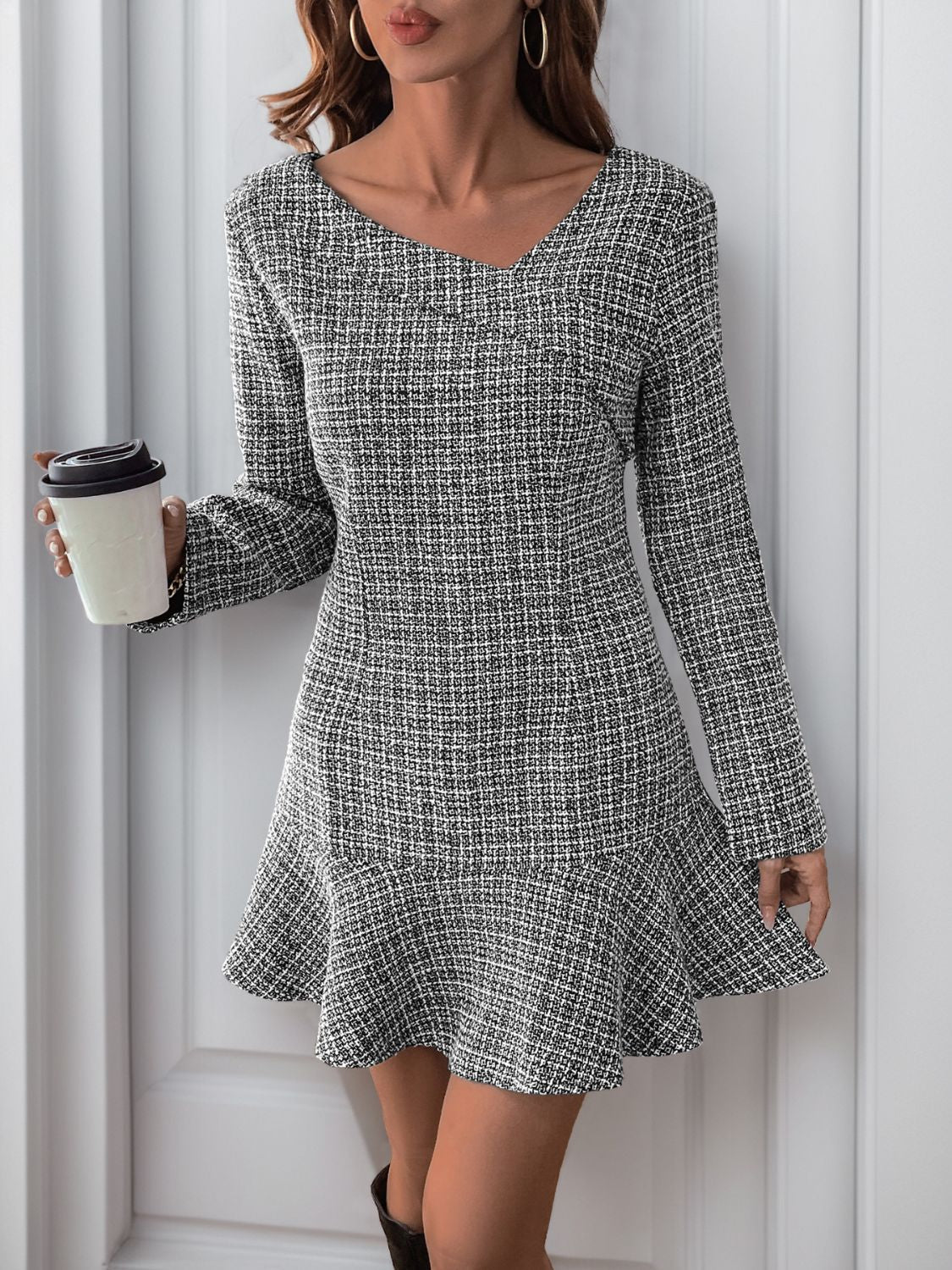 Perfee Asymmetric Long Sleeve Mini Dress