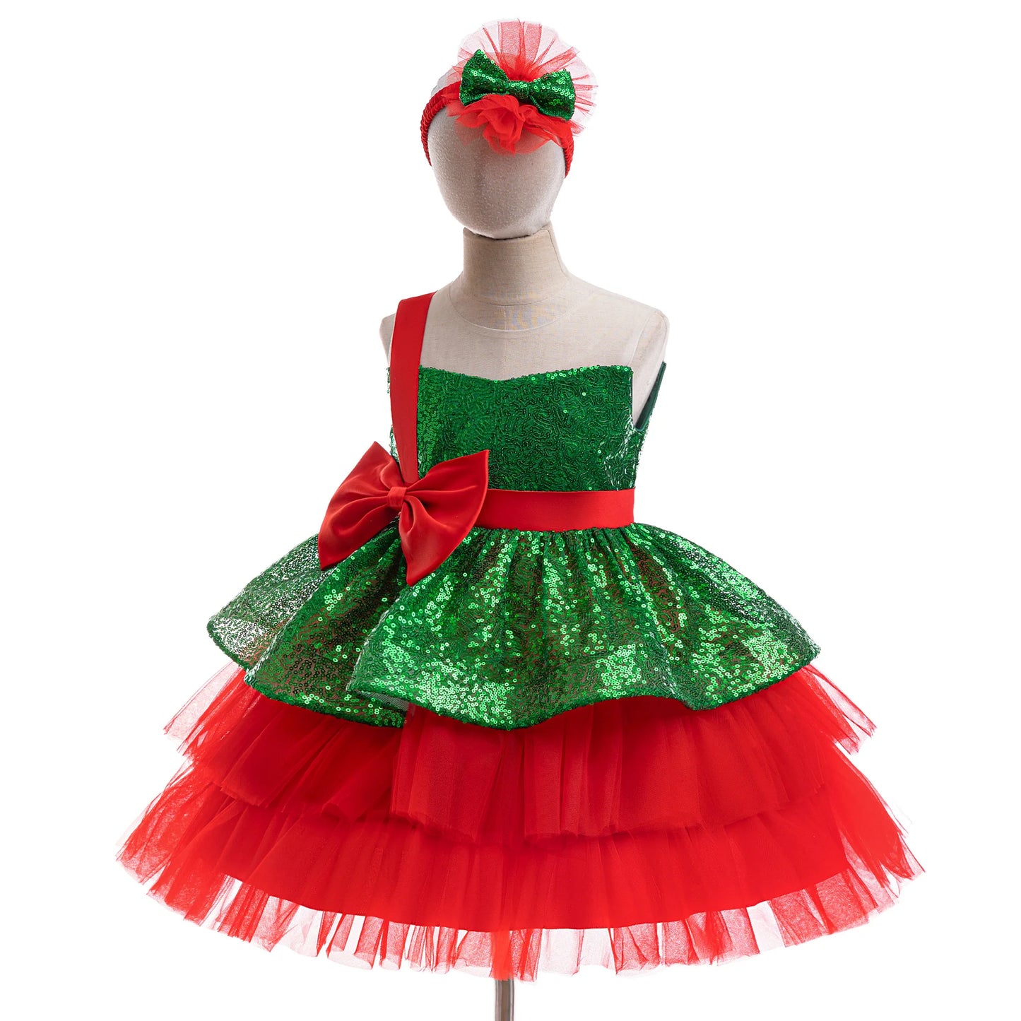 Carnival Red Bow Christmas Girls Dresses Cosplay Costumes Sequin Party Birthday Princess Dress for Kids Tulle Halloween Clothing