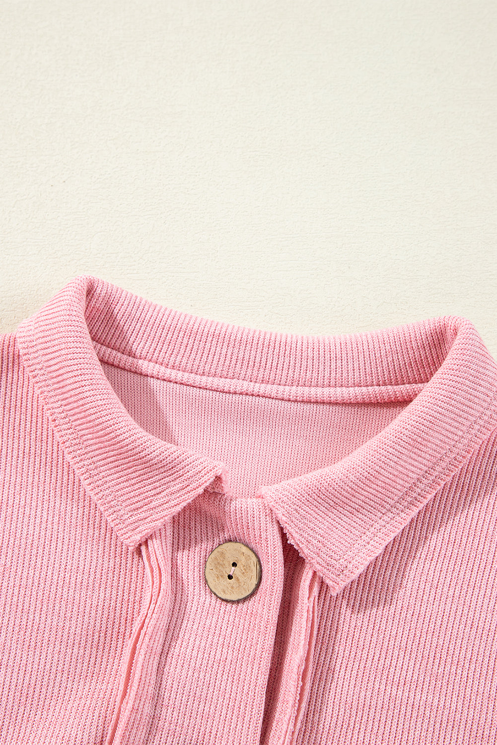 Pink Chest Pocket Ribbed Collared Henley Top