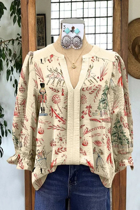 Elegant Puff Sleeve Christmas Print Top Merry Christmas Shirt  Holiday Party Pullover Blouse