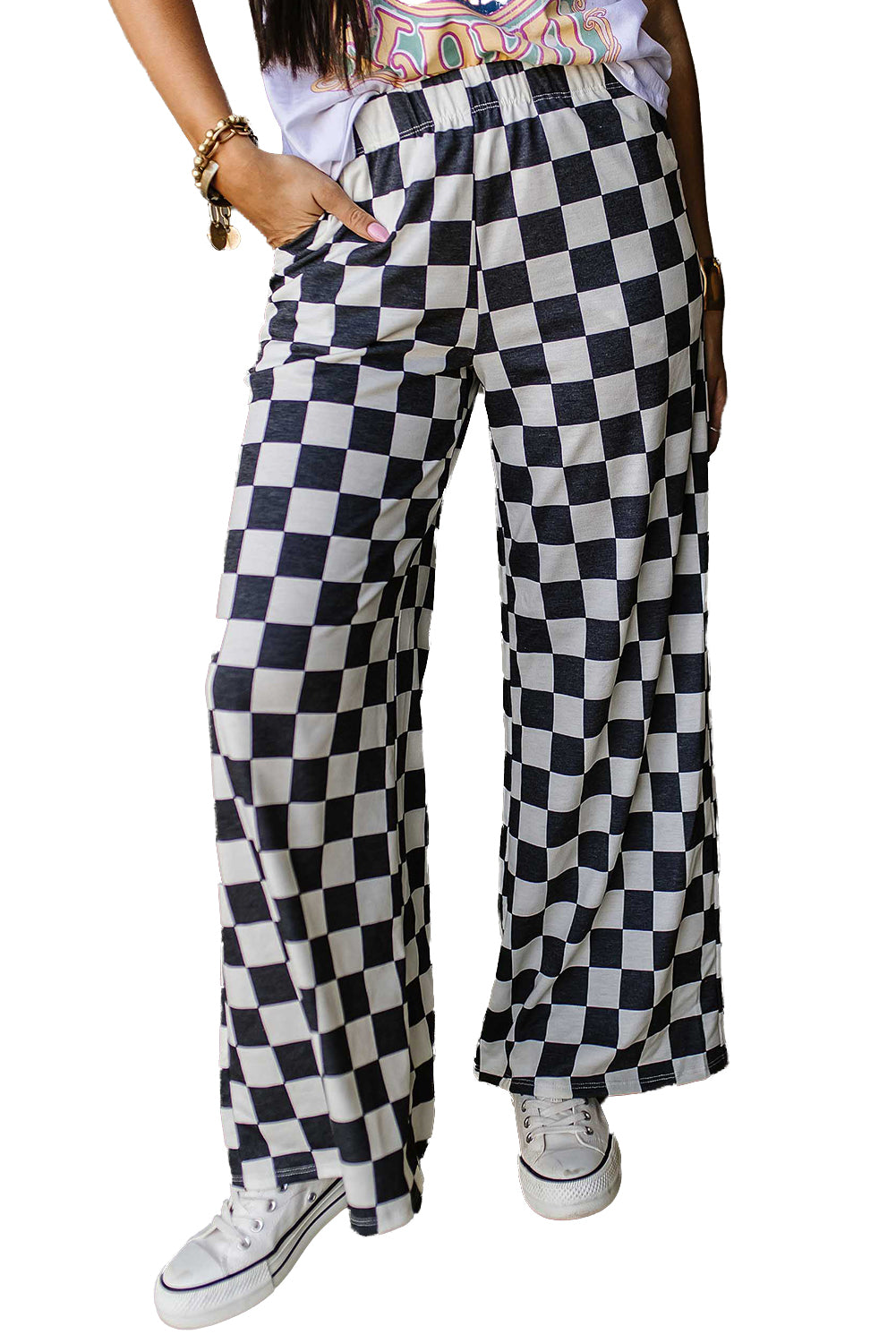 Bonbon Checkered Print High Waist Wide Leg Pants