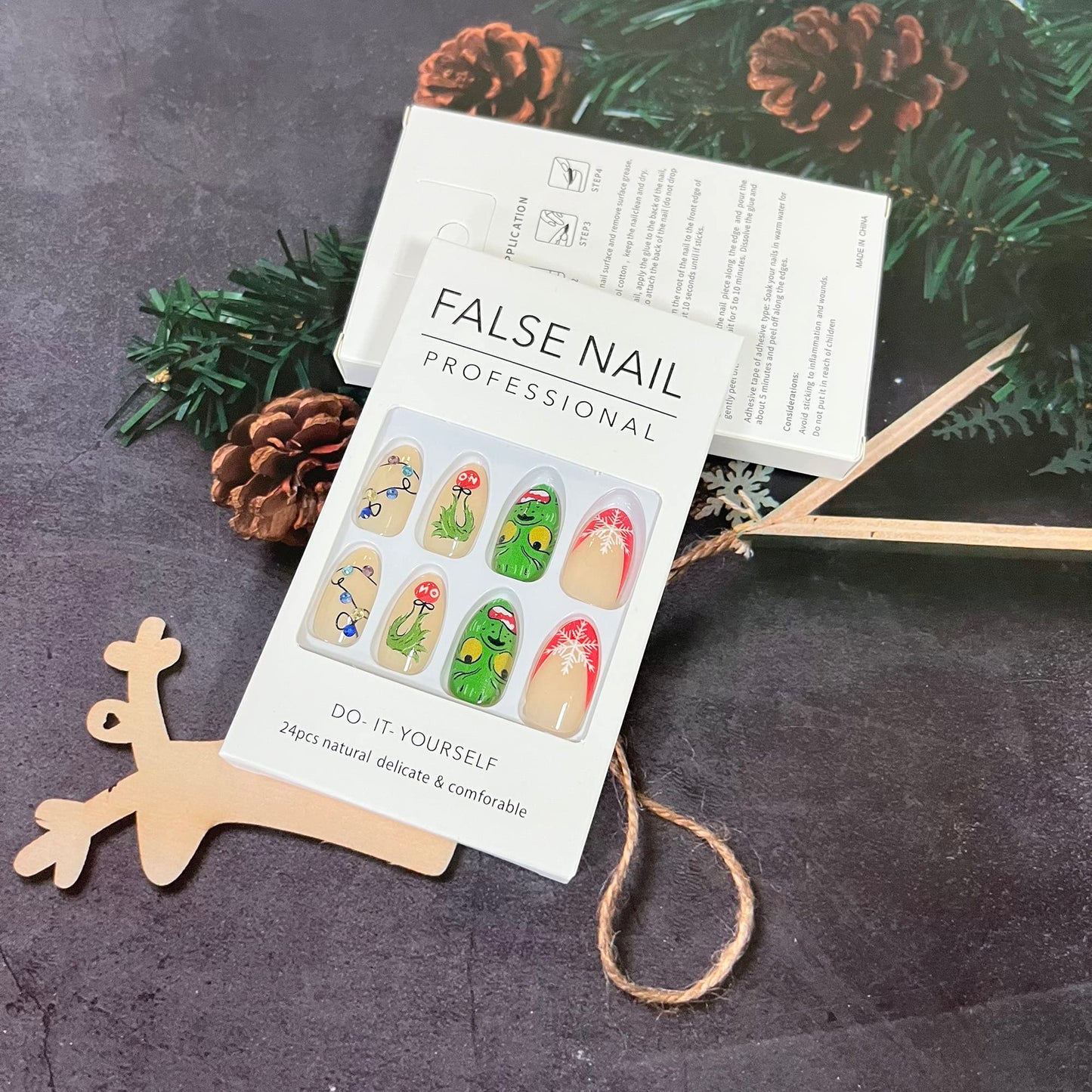 Christmas Fake Nails Short Square Petite Press on Nails Winter Xmas Acrylic Nails Full Cover False Nails with Green Monster Designs Cute Red Stick on Nails Gloss Artificial Nails for Women Manicure