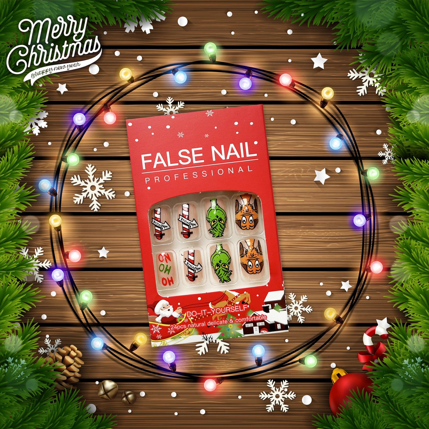 Christmas Fake Nails Short Square Petite Press on Nails Winter Xmas Acrylic Nails Full Cover False Nails with Green Monster Designs Cute Red Stick on Nails Gloss Artificial Nails for Women Manicure