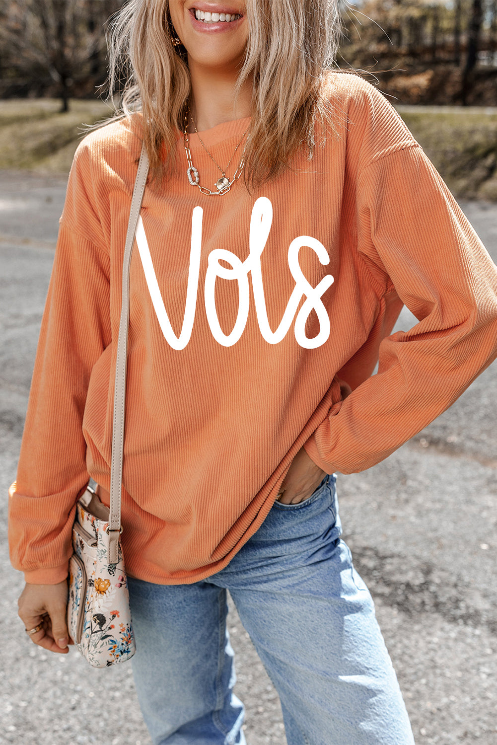 Orange Vols Letter Graphic Crinkle Ribbed Oversized Sweatshirt