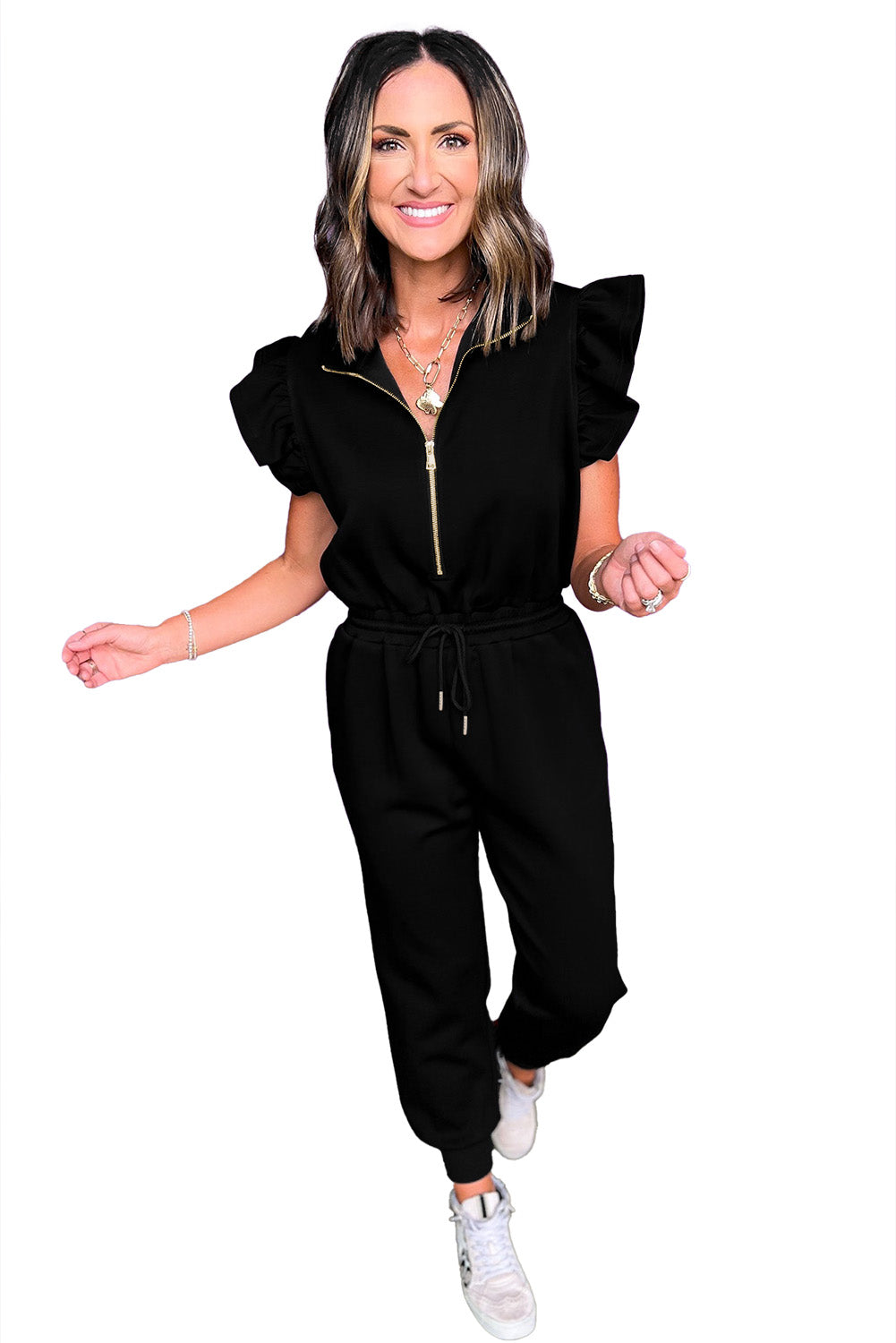 Black Zipper Flutter Sleeve Drawstring High Waist Jumpsuit