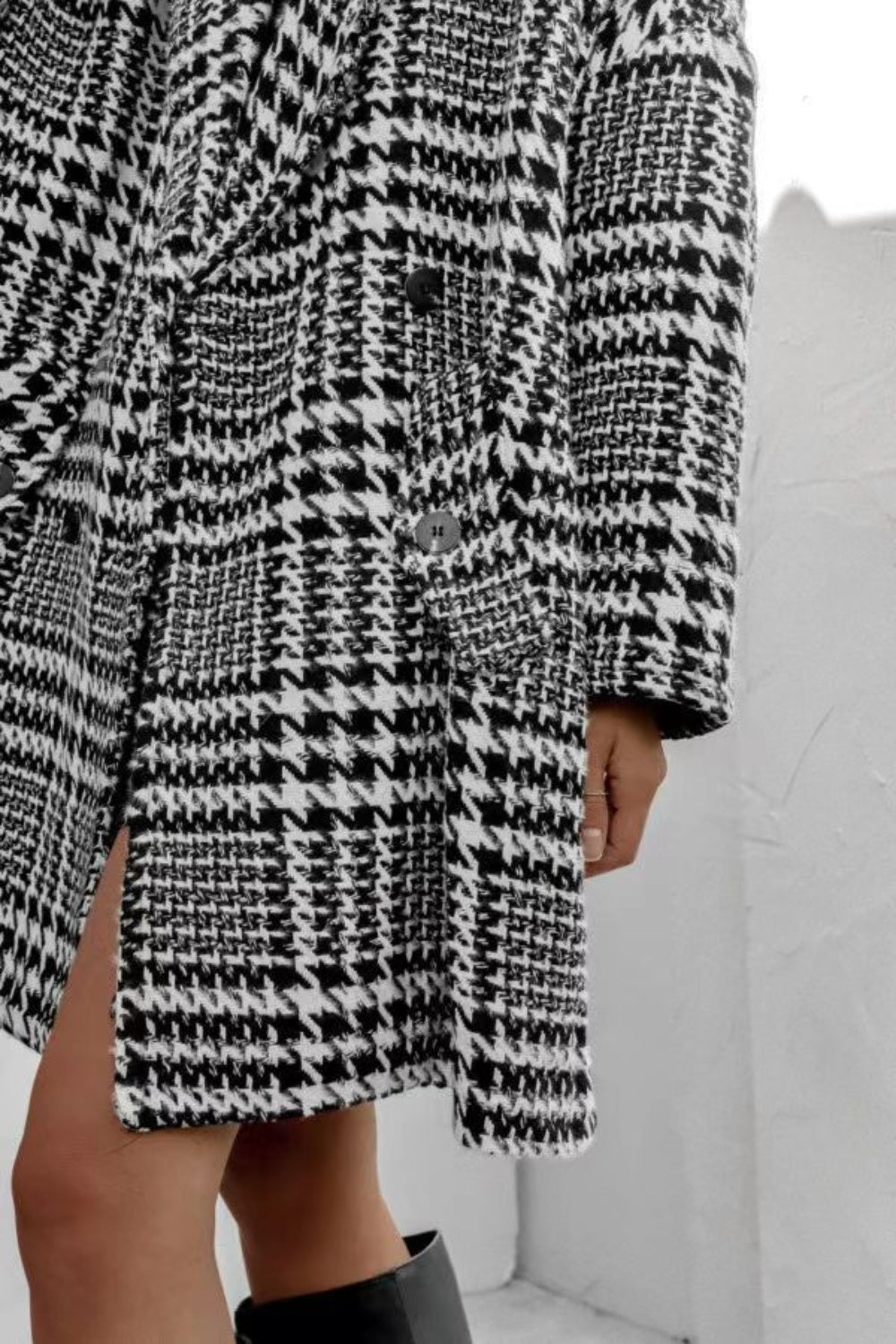 Houndstooth Collared Neck Long Sleeve Coat