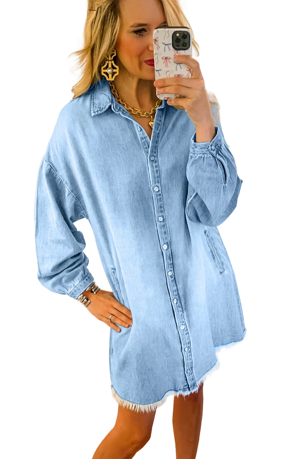 Beau Blue Washed Raw Hem Denim Shirt Dress