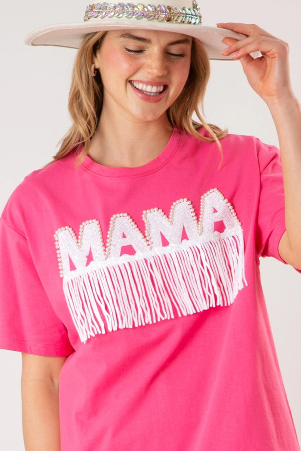 Bright Pink Fringe Trim Beaded MAMA Patch Oversized T Shirt