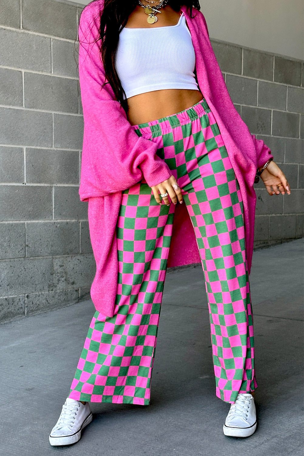 Bonbon Checkered Print High Waist Wide Leg Pants