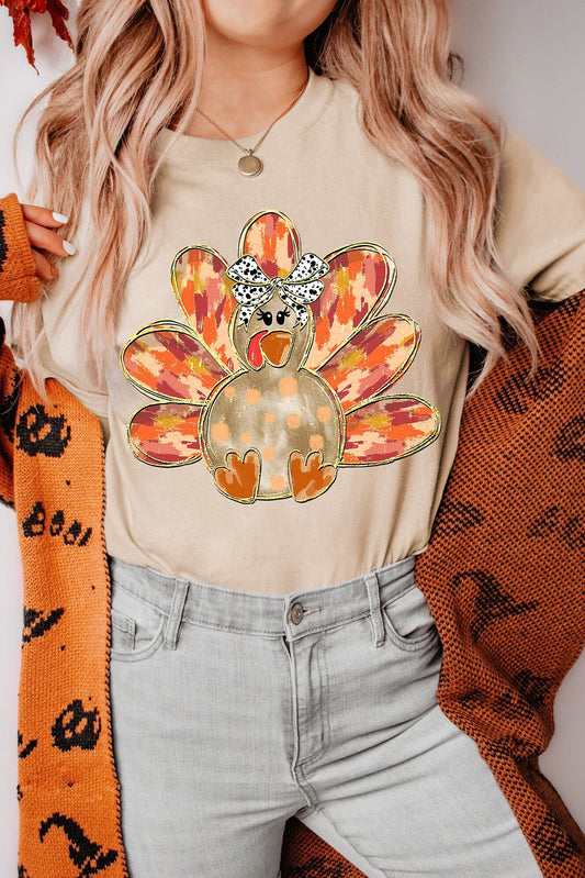 Khaki Thanksgiving Bowknot Turkey Heat Transfer Printing Graphic Crewneck Tee