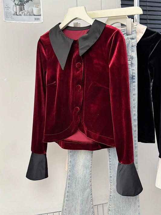 Christmas Party Red Top Autumn Winter New Lapel Bell Sleeve Velvet Shirt High Quality Elegant All-Match Loose Short Jacket Women