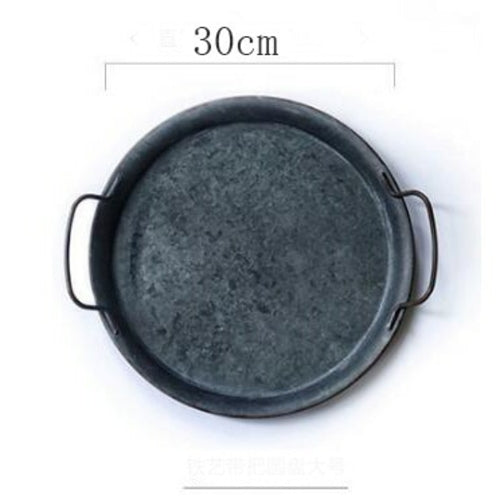 European Retro Metal Plate With Handles Handcrafted Round Wrought